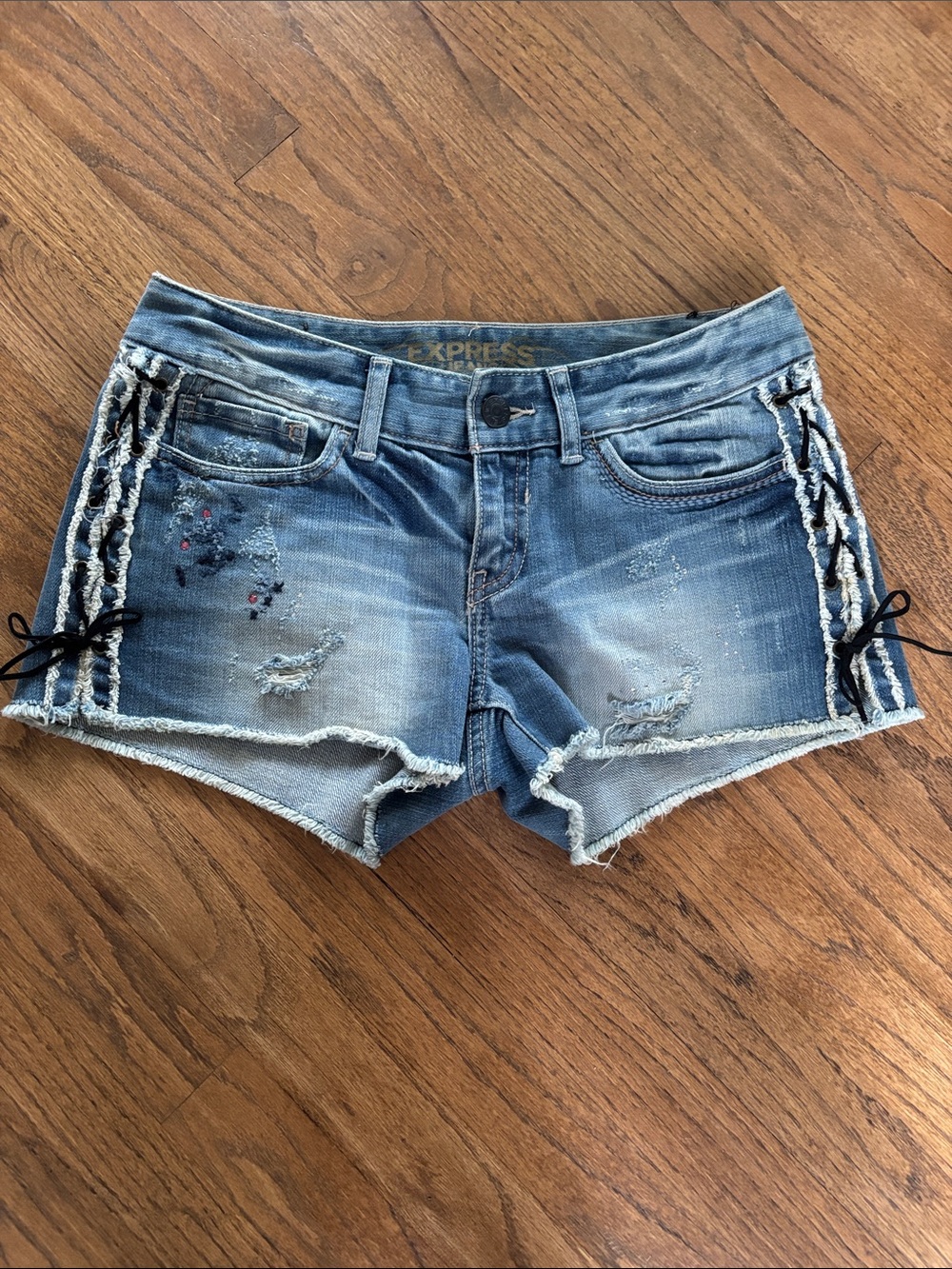 Express Light Blue Distressed Denim Shorts with Braided Side Ties